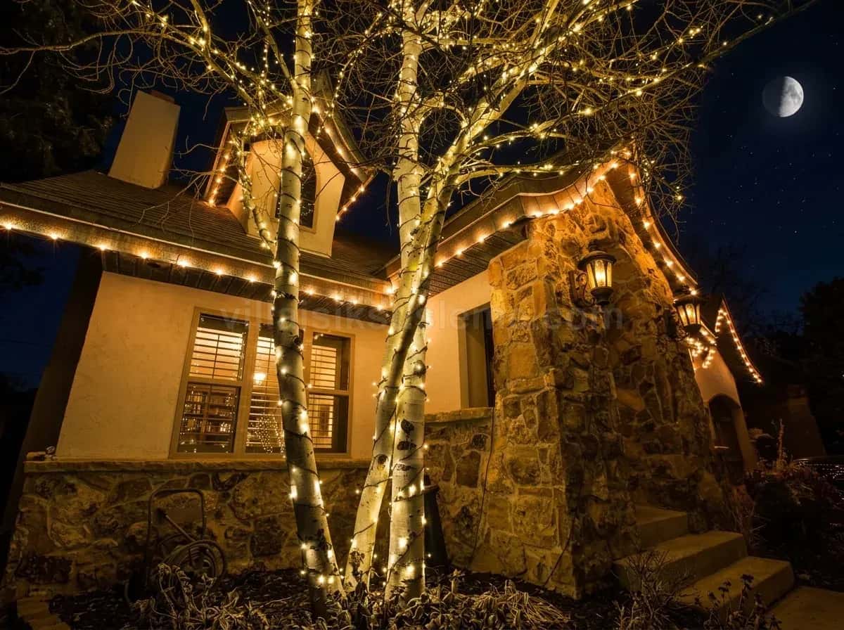 Villa cephesinin önündeki ağaç gövdelerine sıkı sarım