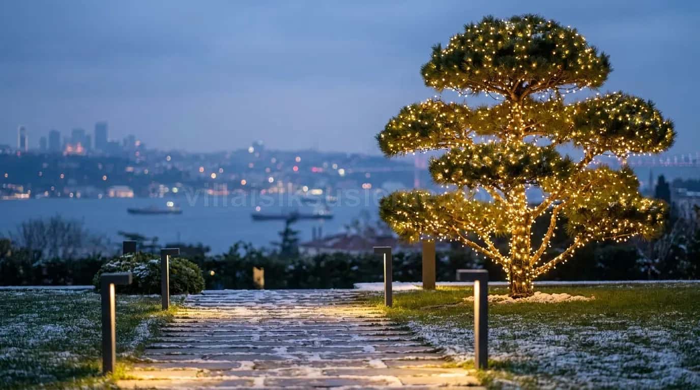 Deniz manzaralı bahçede budanmış ağaç ve yol ışıkları