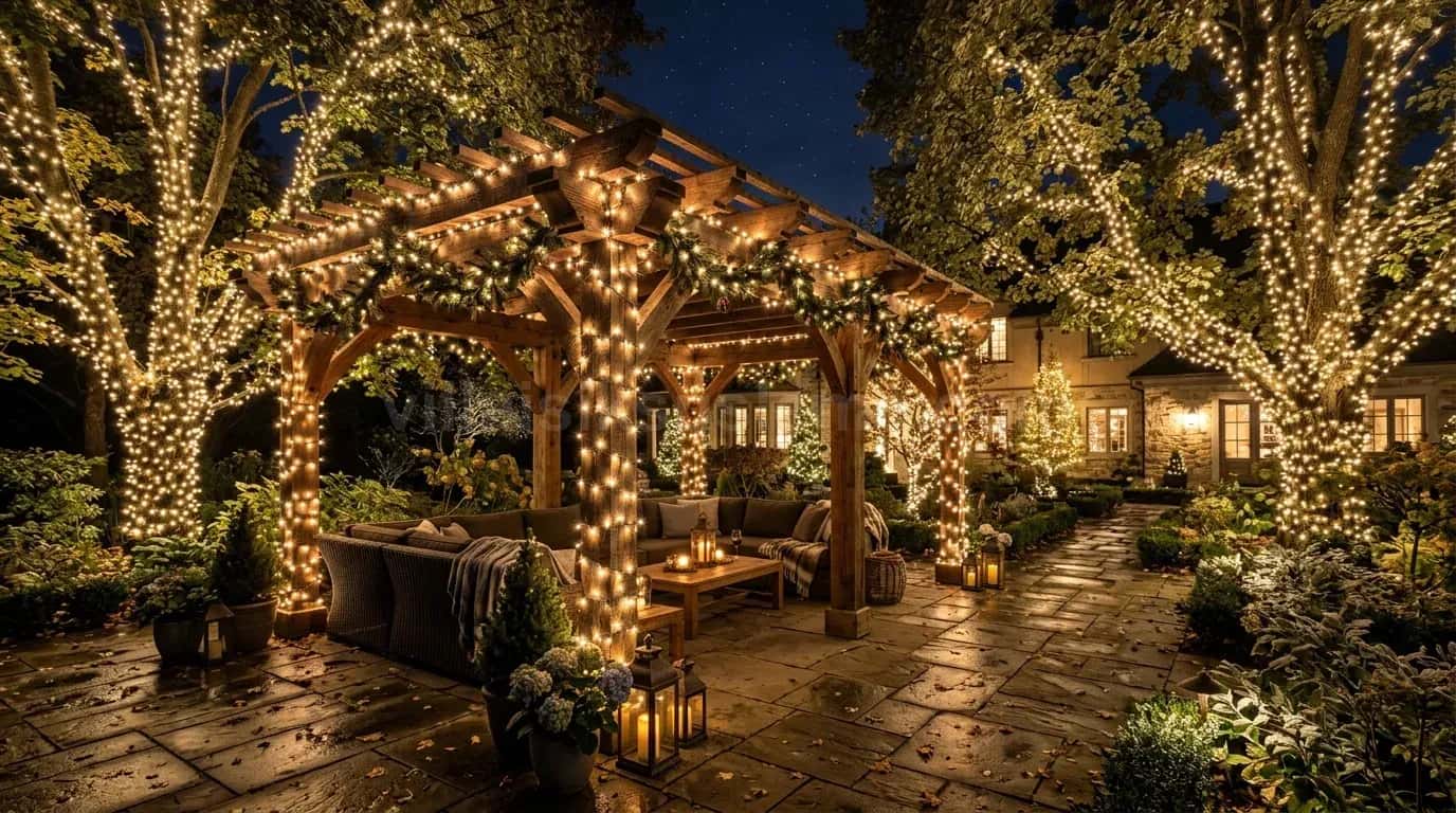 Villa bahçesinde pergola ve çevresindeki ağaçlar ışıklı
