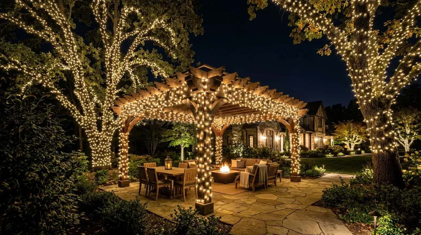 Bahçede oturma alanı, pergola ve ağaçlarda sıcak ışık