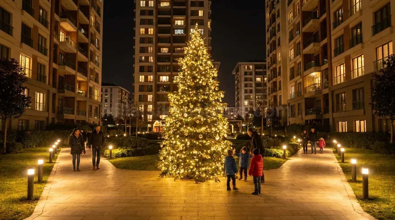 Site bahçesinde ışıklı büyük çam ağacı ve yürüyüş yolu