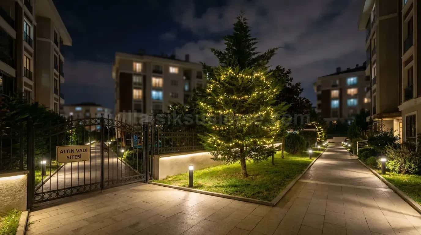 Site içi yolda ışıklı çam ağacı