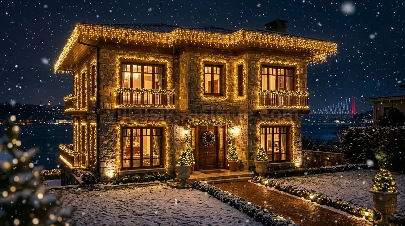 İki katlı villanın cephesinde yoğun sıcak beyaz ışık perdesi