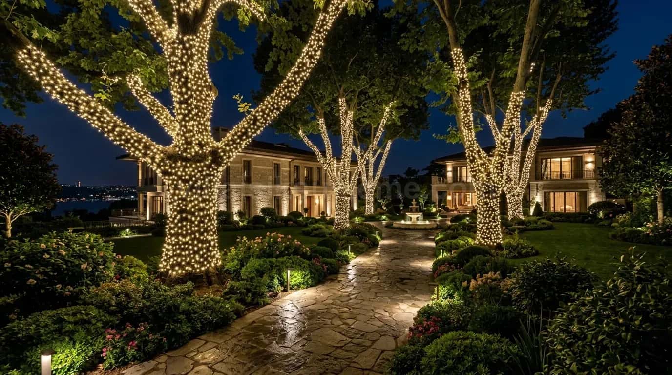 Villa bahçesinde birkaç büyük ağaç baştan uca sarılmış