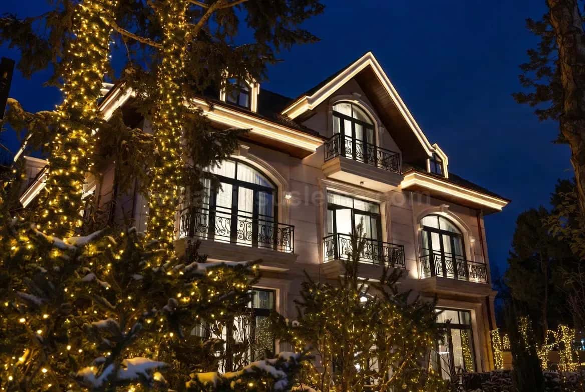 Villa cephesinin önündeki ağaçlara yoğun sıcak beyaz sarım