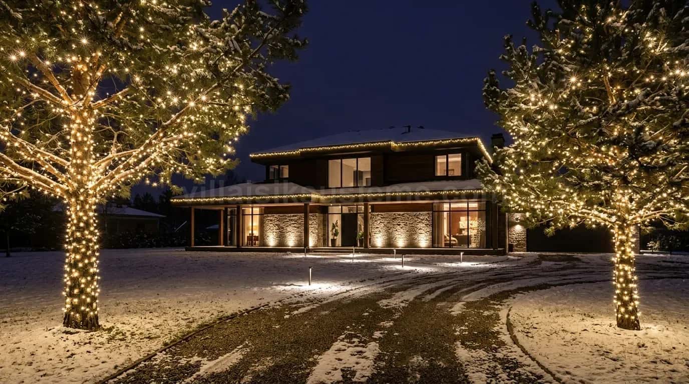 Modern villanın önündeki ağaçlar baştan uca sıcak beyaz ışıkla sarılmış