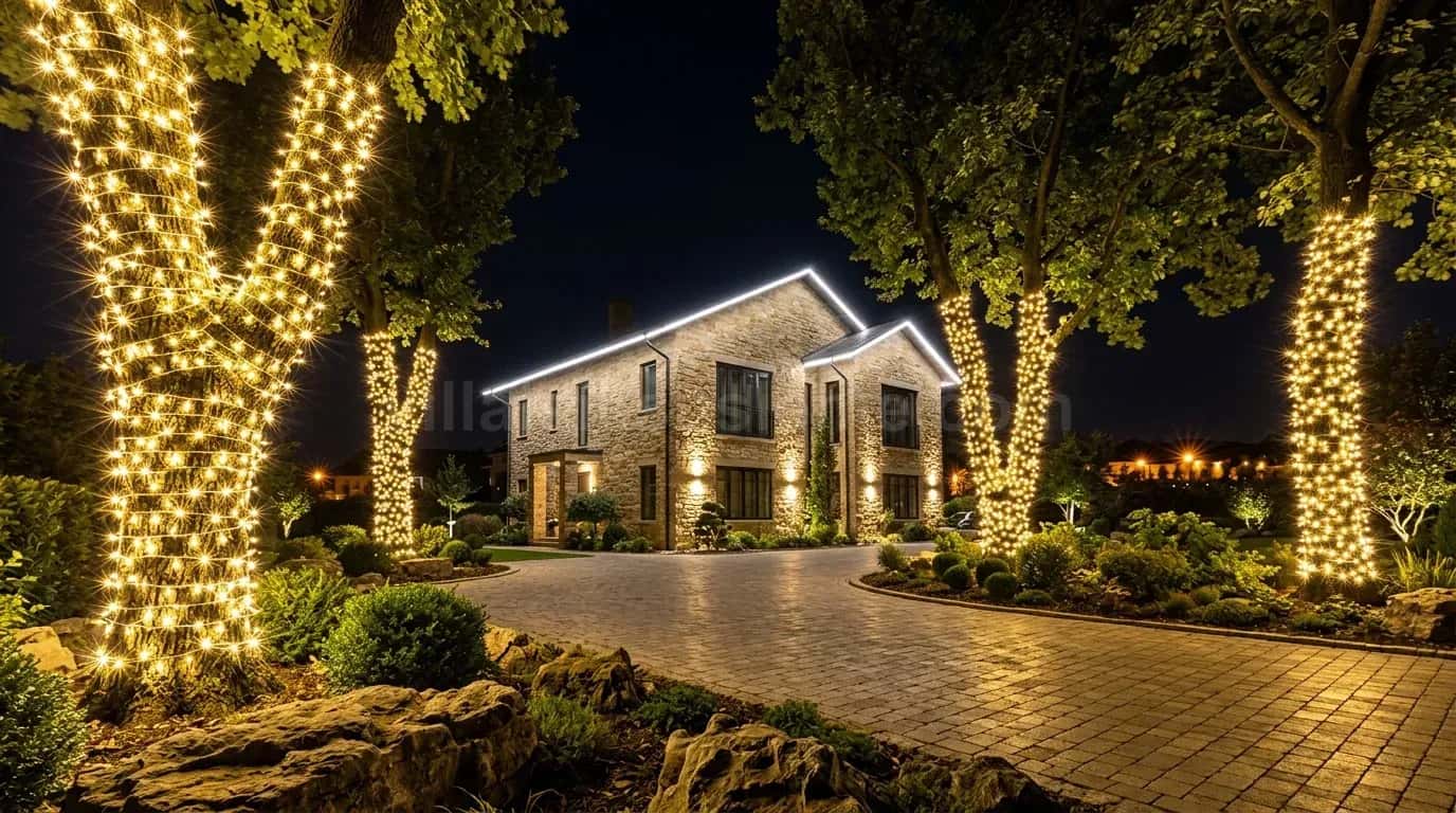 Villa girişindeki yüksek ağaçların gövdeleri ışıkla sarılmış