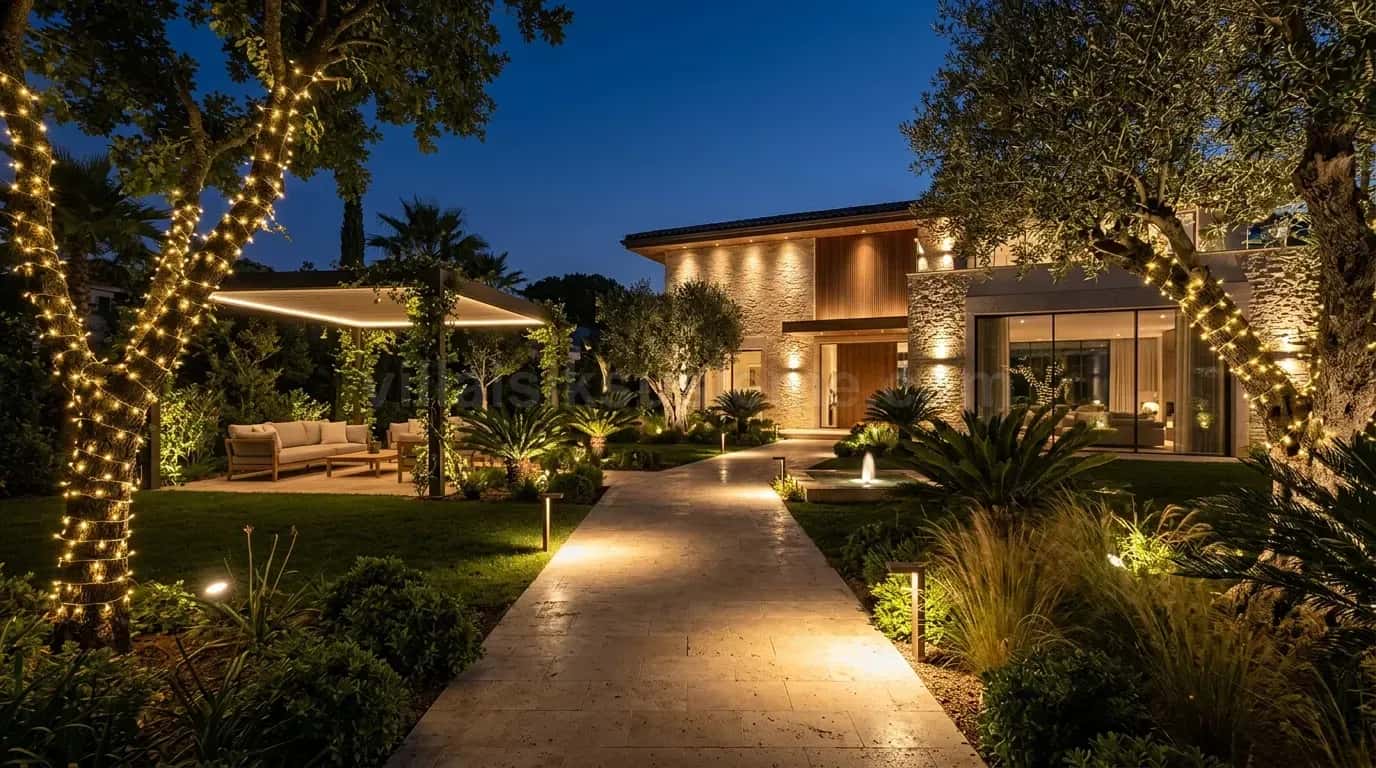Villa bahçe patikası ve palmiye ağaçlarında ışık