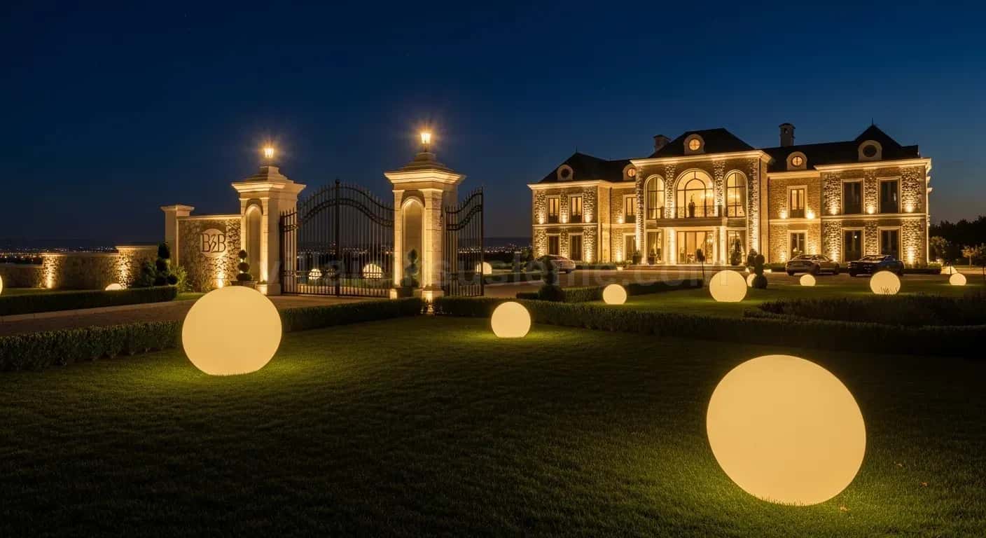 Villa bahçesinde çimen üzerinde ışıklı toplar ve aydınlatılmış giriş kapısı