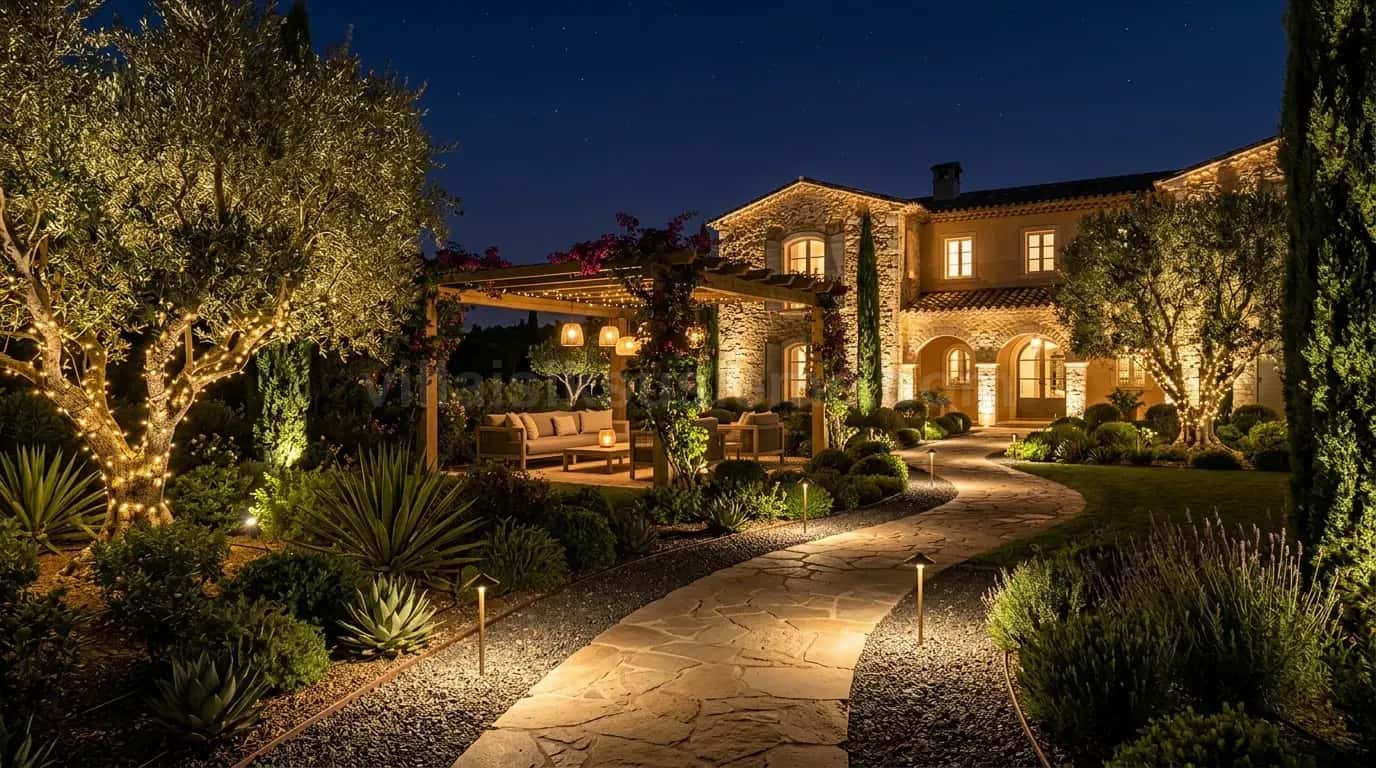Villa bahçesinde pergola, zeytin ağacı ve yol aydınlatması