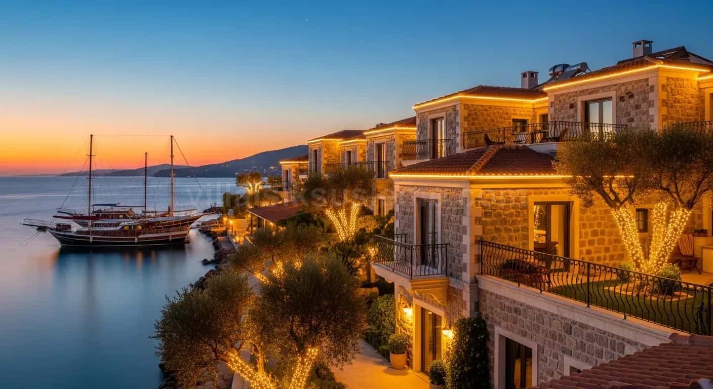 Deniz kıyısındaki taş villaların cephesinde alacakaranlıkta yanan sıcak beyaz ışıklar