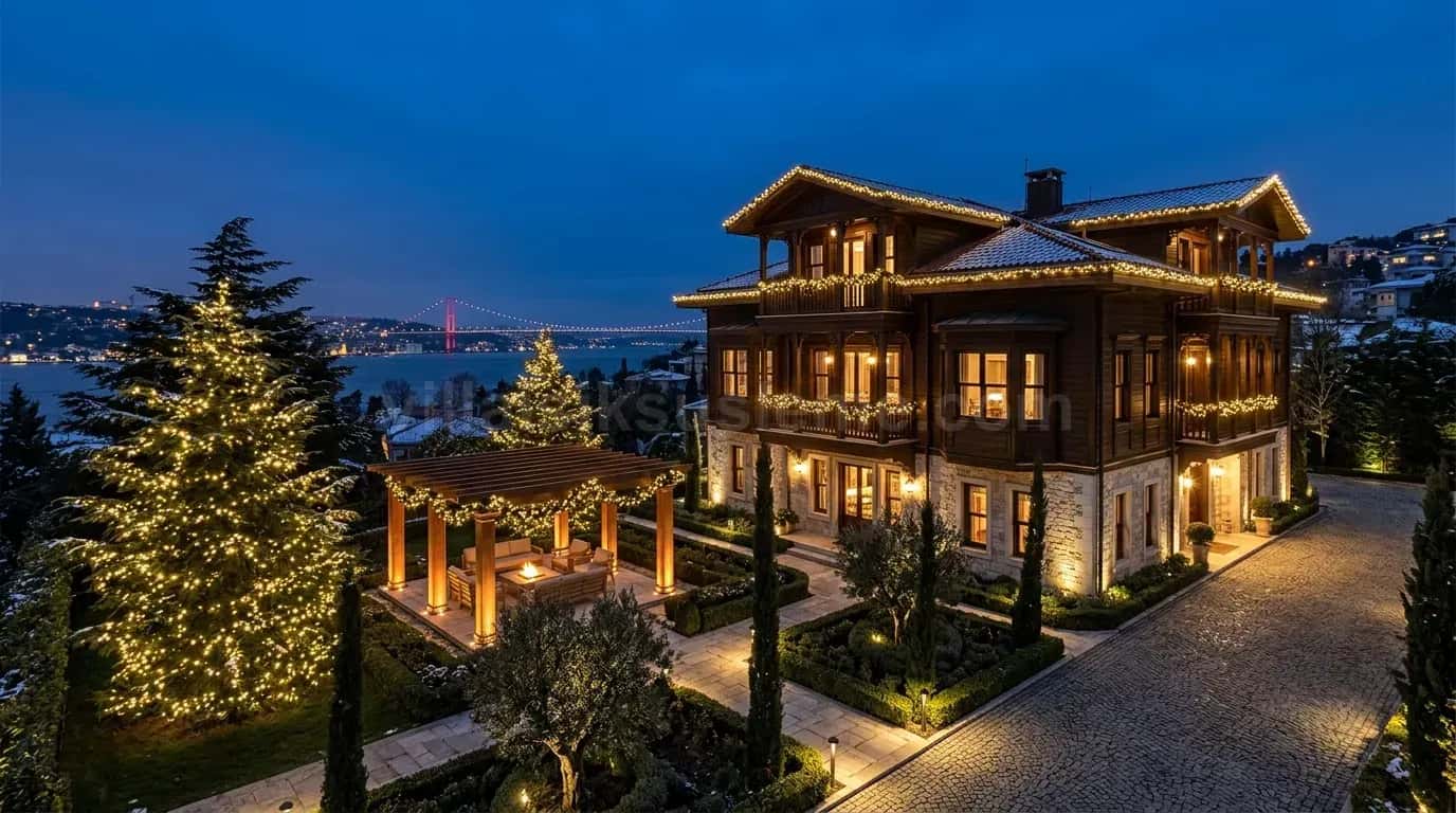Boğaz'a bakan ahşap villanın bahçesinde ışıklı çam ağacı