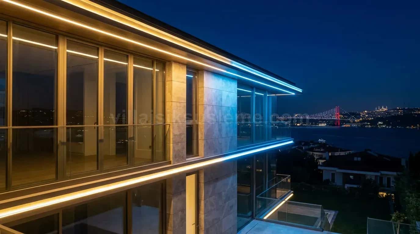 Boğaz'a bakan cam cepheli villada ince çizgi LED
