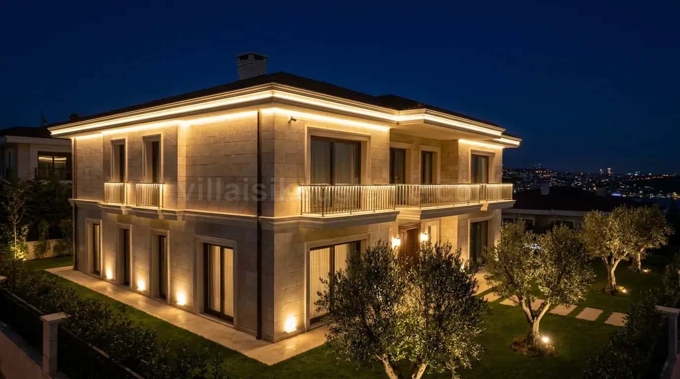 Üç katlı villanın kat hatlarında kontur ışık