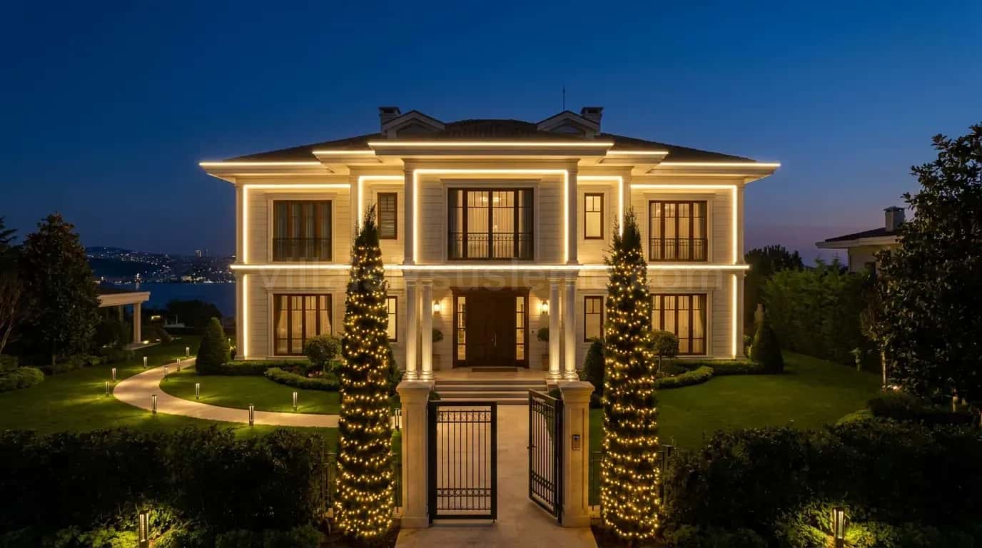 Villa cephesi ve iki yanındaki servi ağaçları ışıklı