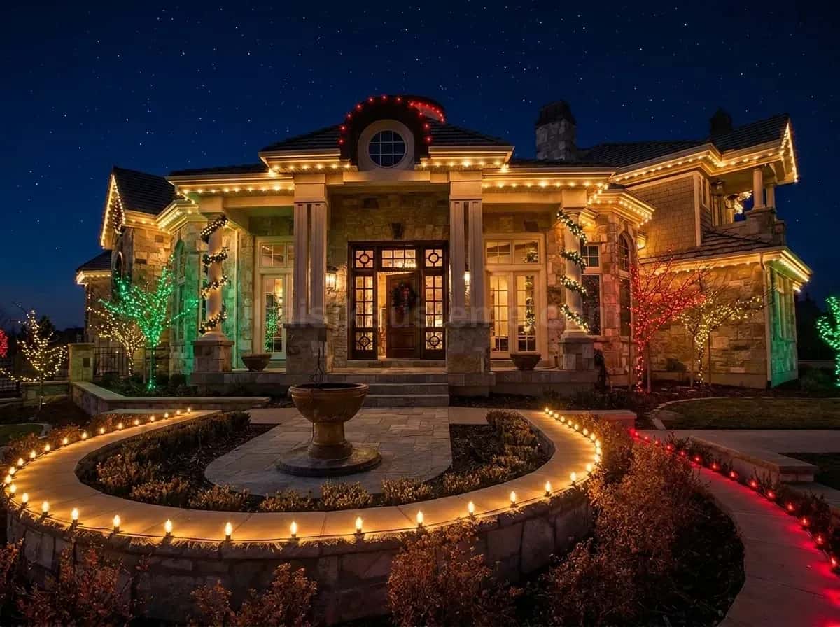 Villa önündeki çeşme havuzu çevresi ve cephe ışıklandırması
