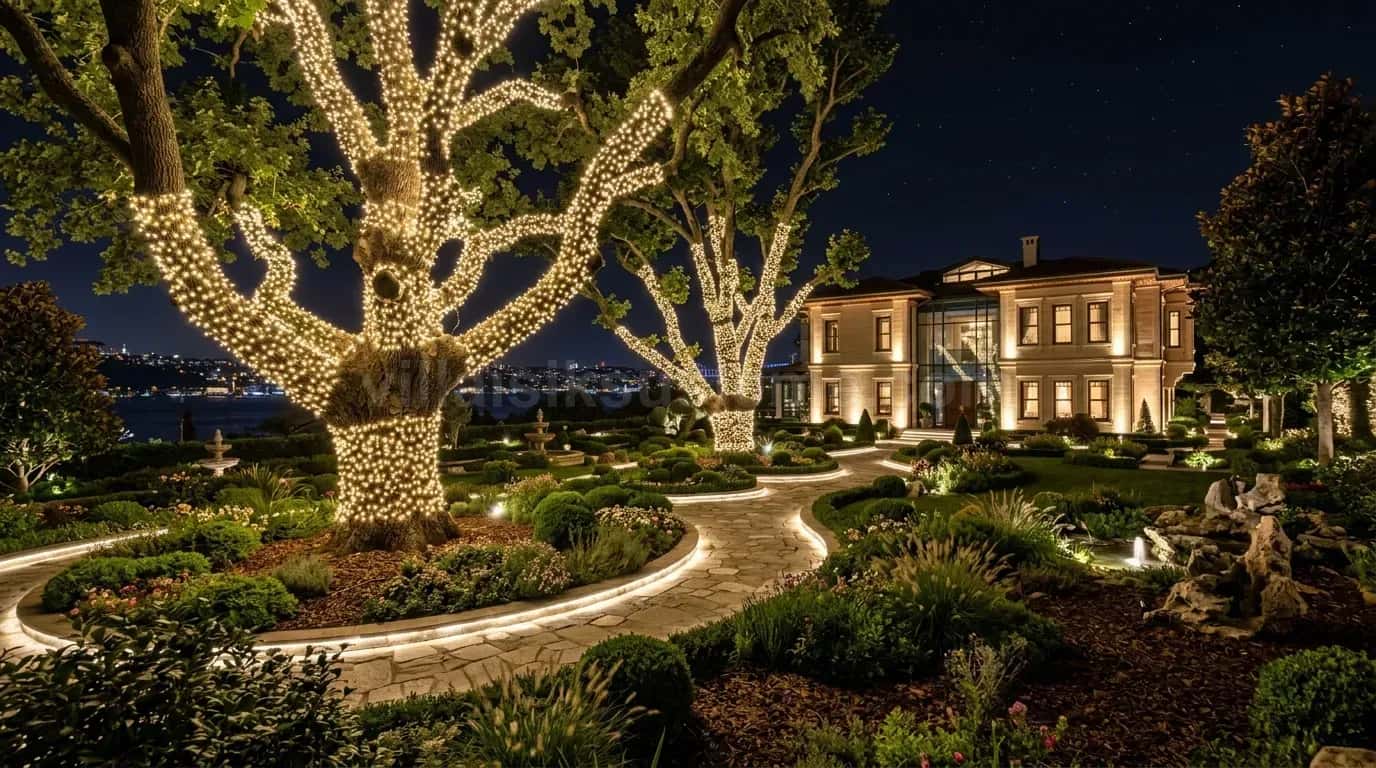 Villa bahçesindeki dev ağacın gövde ve dalları ışıkla sarılmış
