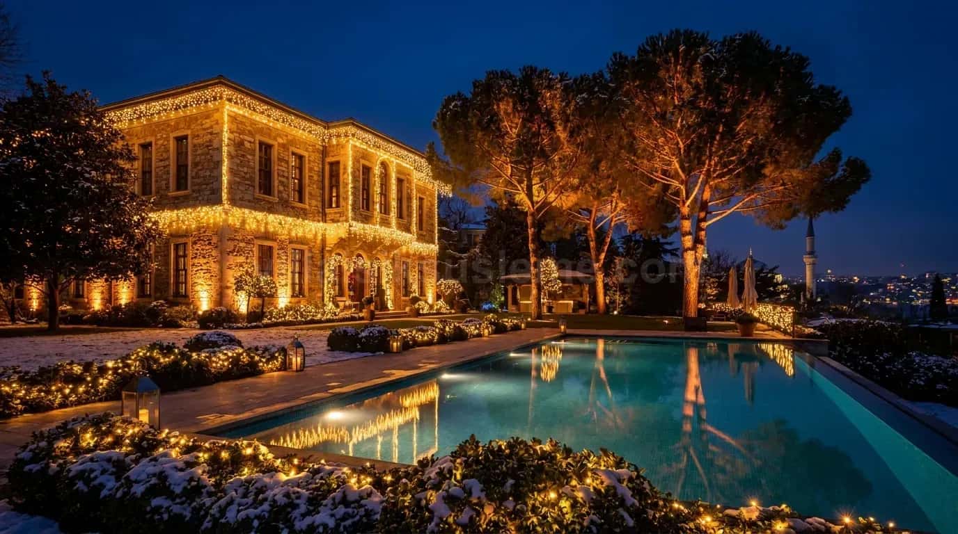 Havuz kenarındaki ağaçlar ve villa cephesi ışıklı