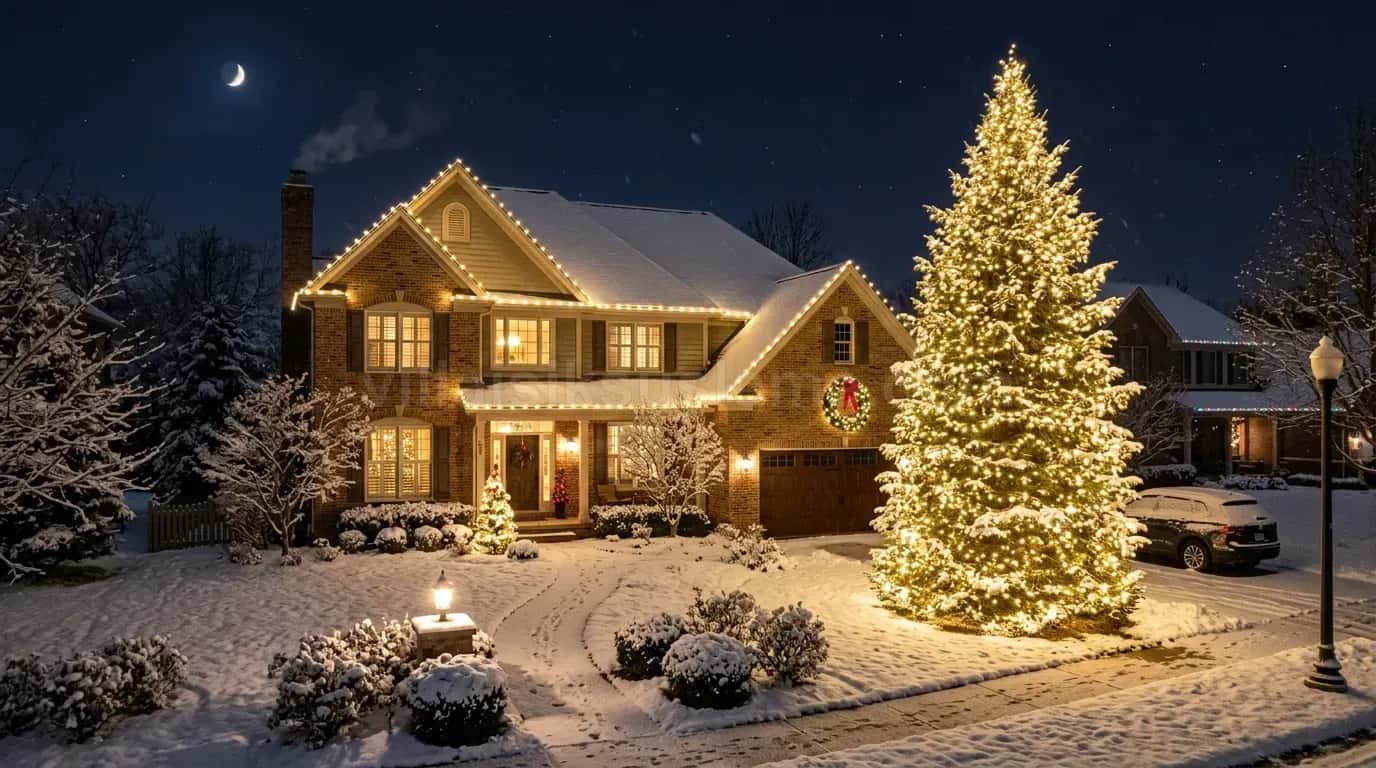 Karlı bahçede ışıklı çam ağacı ve sade saçak hattı