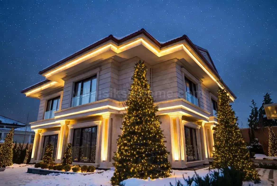 Karlı bahçede modern villanın cephe hatları ve ışıklı çam ağacı