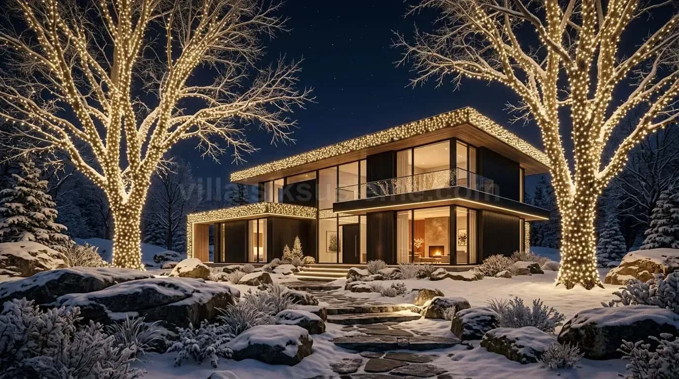 Karlı bahçede modern villa ve dalları ışıkla sarılmış ağaçlar