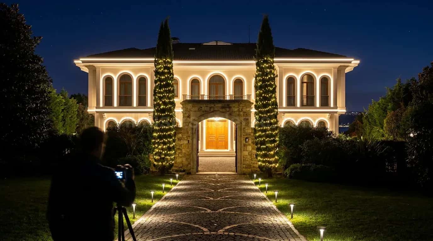 Kemerli villa cephesi ve servilerle giriş yolu aydınlatması