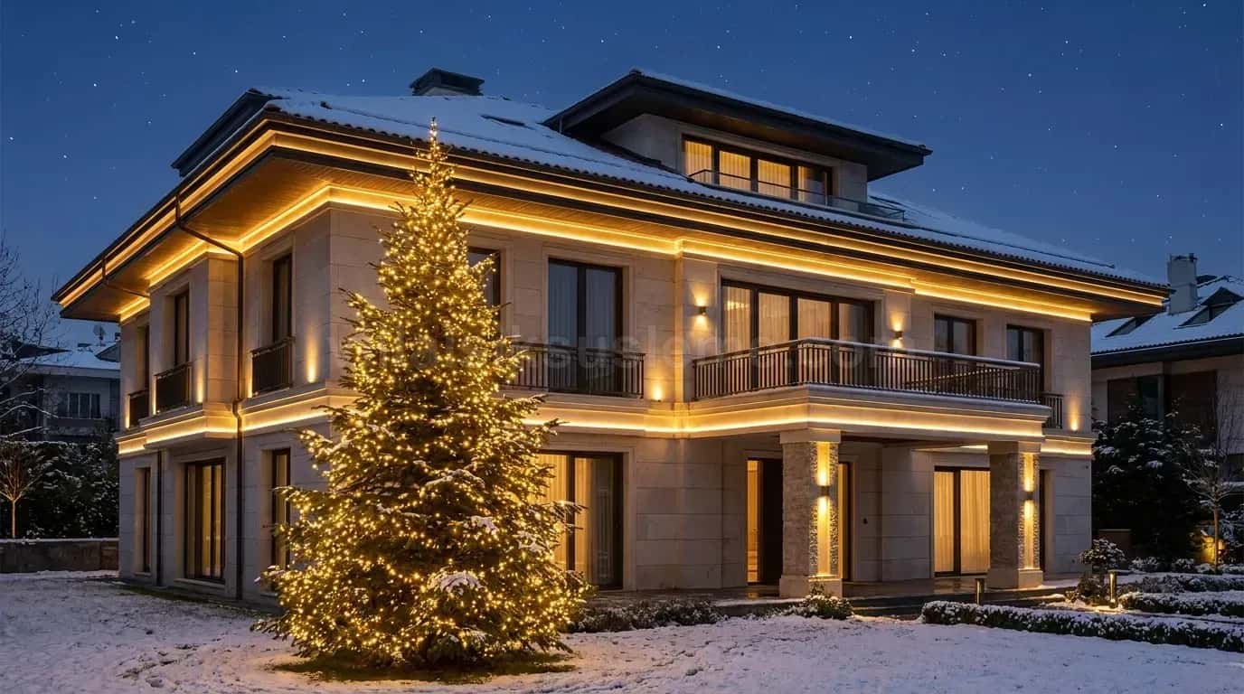 Karlı bahçede modern villa ve önündeki ışıklı çam ağacı