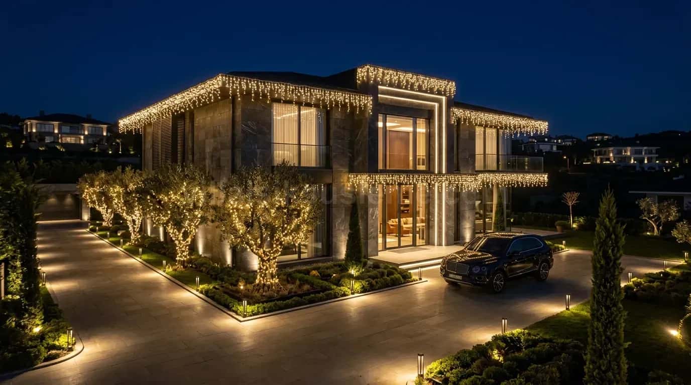 Modern villanın bahçesindeki genç ağaçlar ve cephe ışıklı