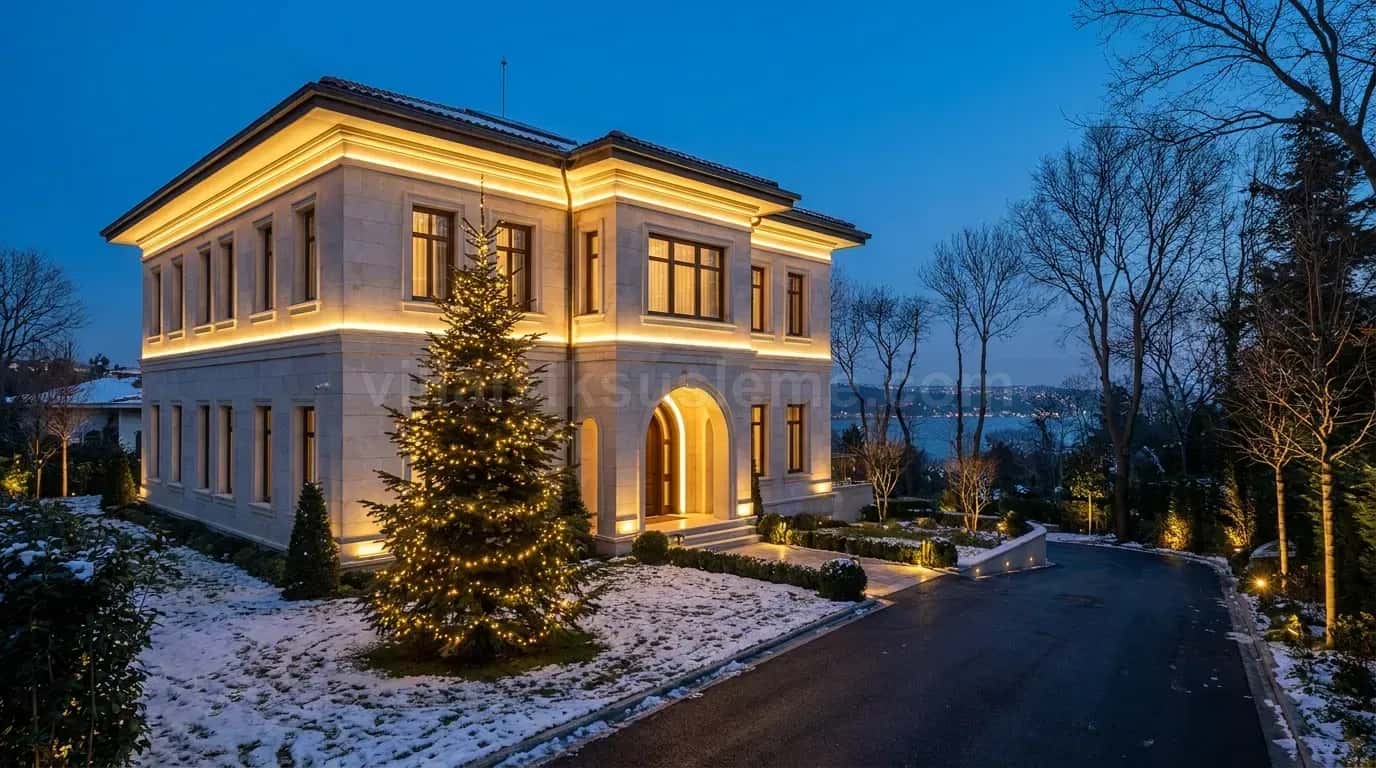 Deniz kenarı modern villanın önünde ışıklı çam ağacı