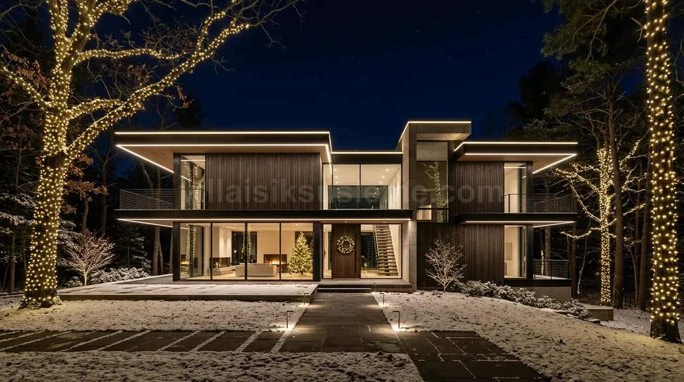 Karlı bahçede modern villanın çatı ve cephe hatlarında ince LED