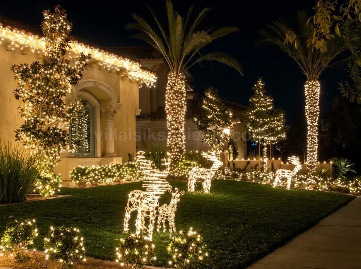 Villa bahçesinde palmiyeler ve ışıklı geyik figürleri