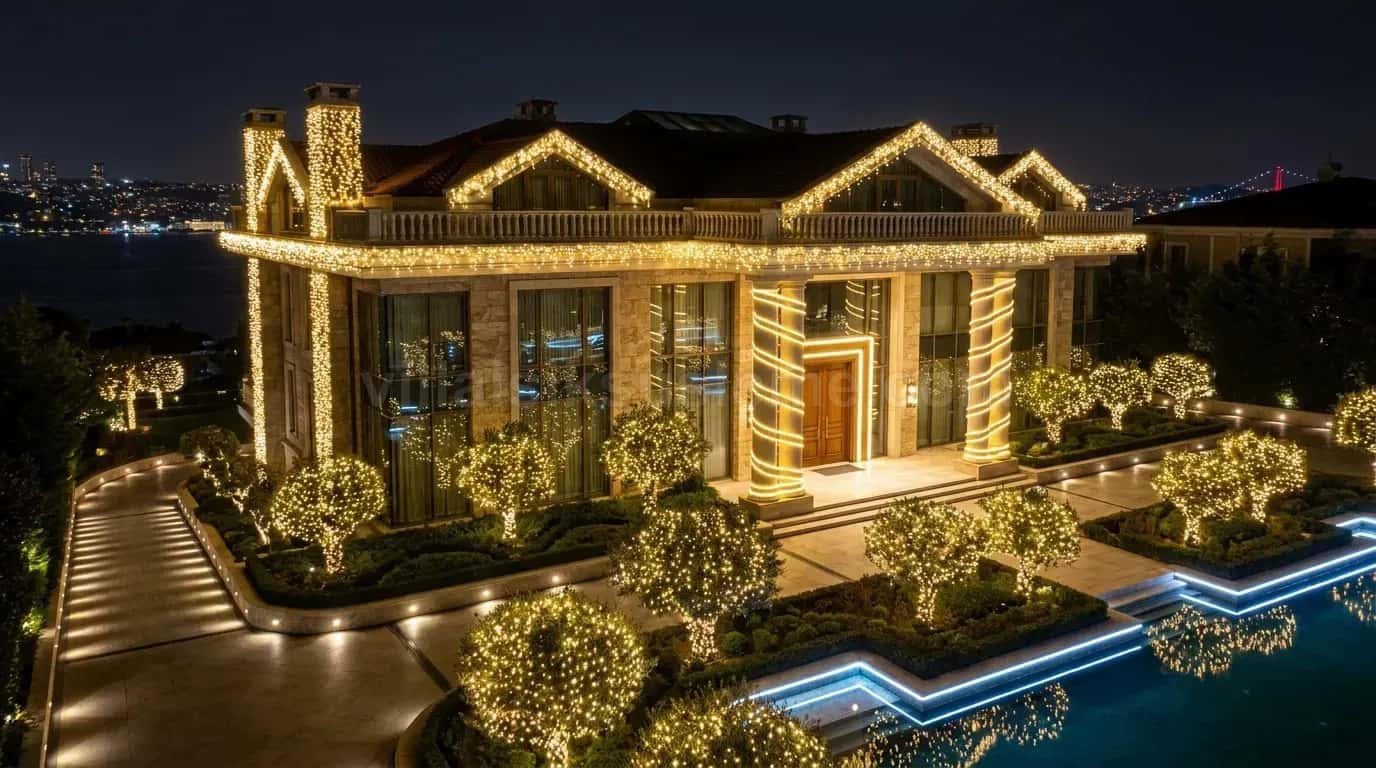 Villa balkon korkulukları ve saçak hatlarında sıcak beyaz ışık