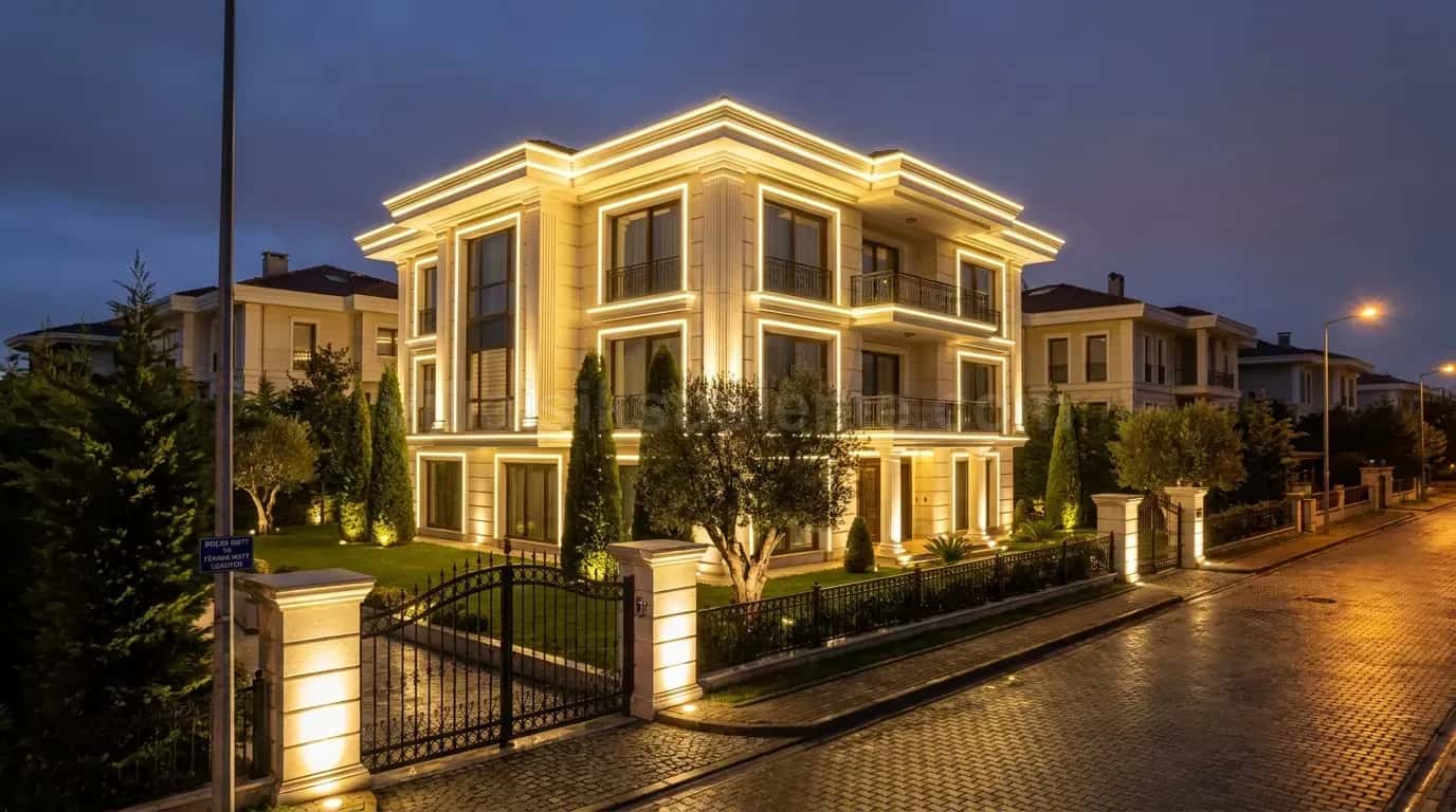 Site içindeki villanın cephe hatları ve bahçe duvarı ışıklı