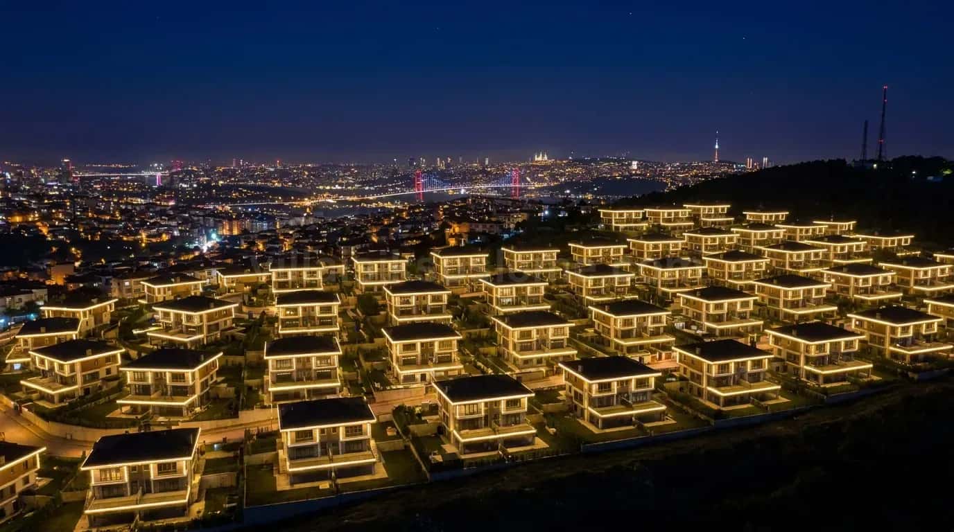 Tepeden bakınca cephe hatları ışıklı villa sitesi