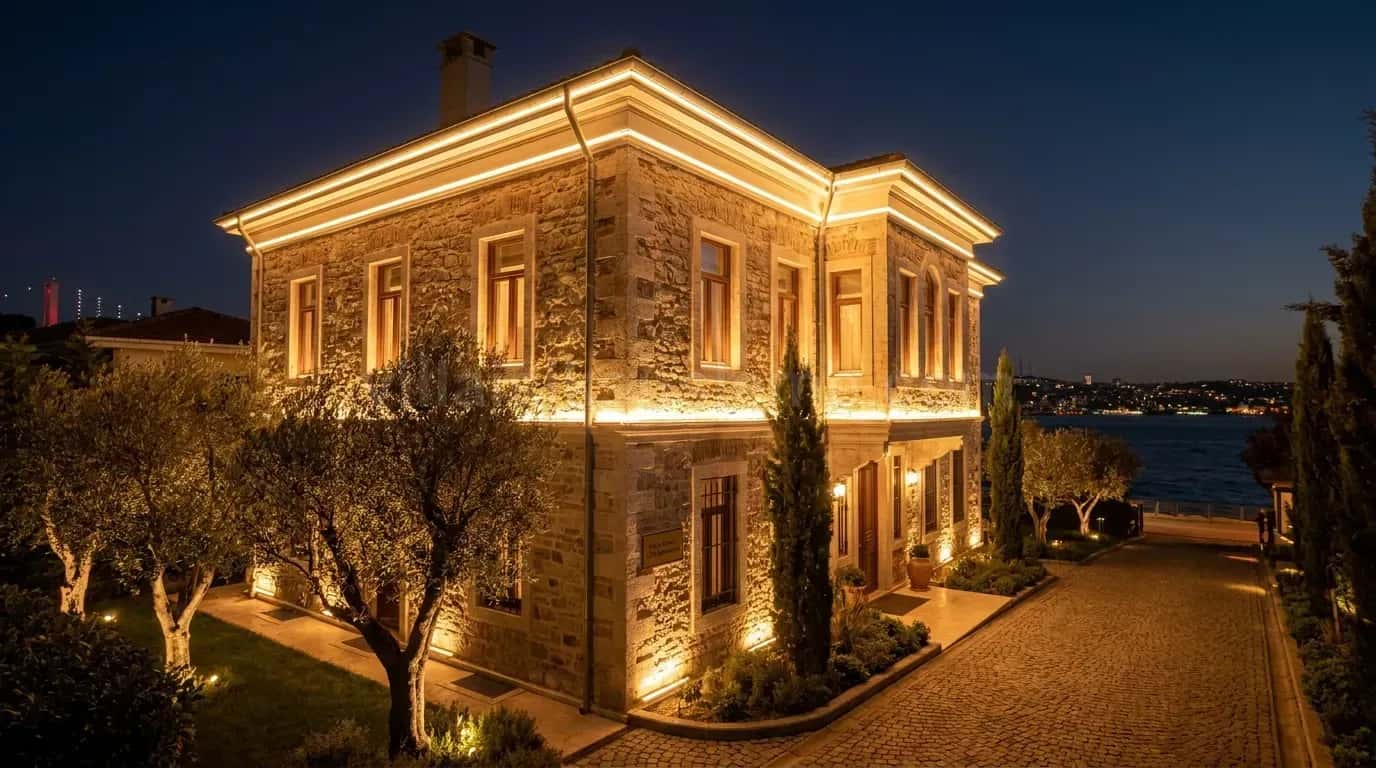 Taş cepheli villa, kat hatları ve bahçede zeytin ağaçları ışıklı