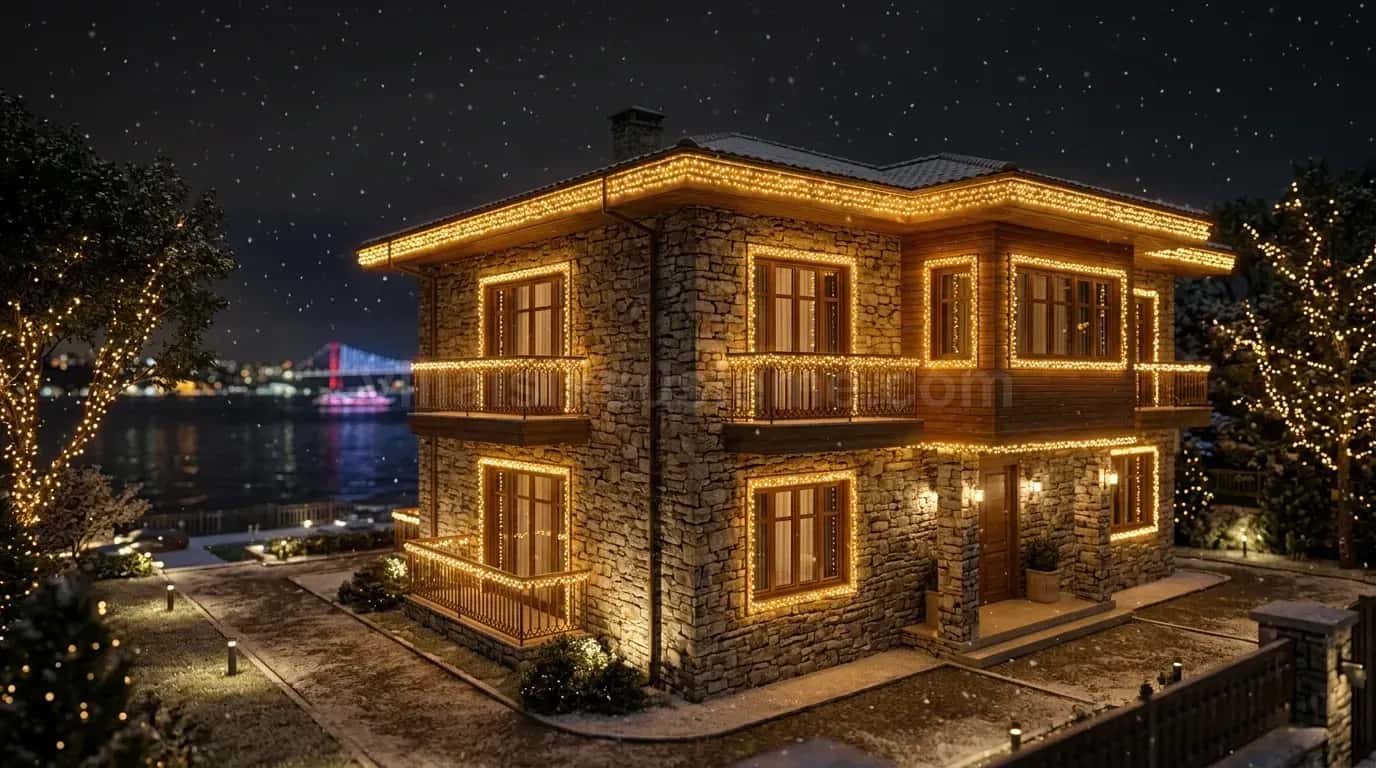 Deniz kenarındaki taş evin pencere ve kat hatlarında ışık