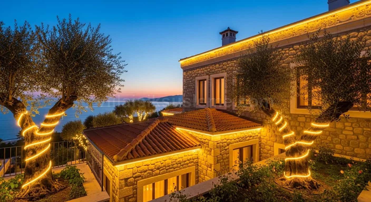 Deniz manzaralı taş villanın bahçesinde ışıklı zeytin ağaçları